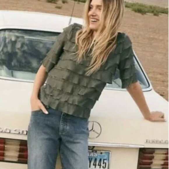 Anthropologie Vanessa Virginia Ruffle Top Olive Army Green Size Small - Picture 1 of 8
